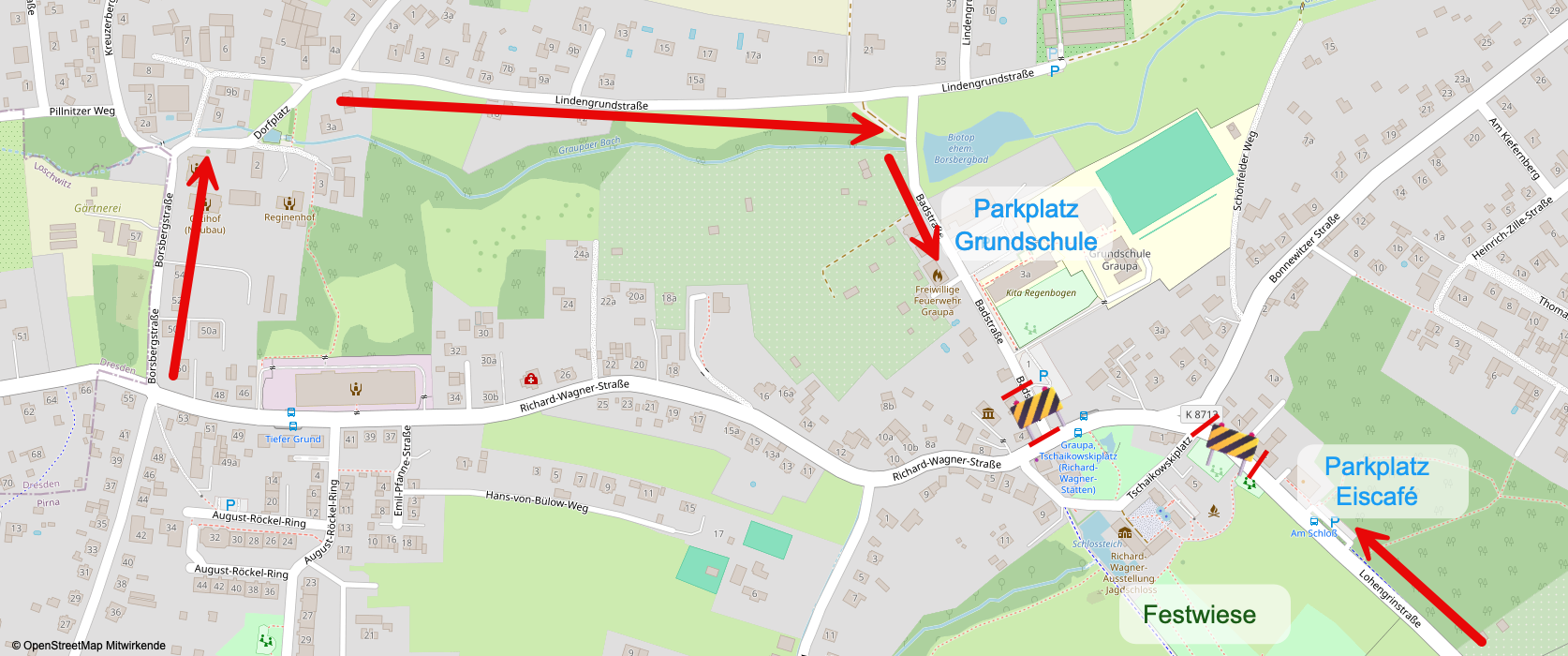 Karte Graupa mit Straßensperrungen und Parkplätzen